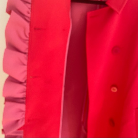 ASOS DESIGN Petite Frill Bonded Red Pink Ruffle Double Breasted Trench Coat 6 - Picture 11 of 14